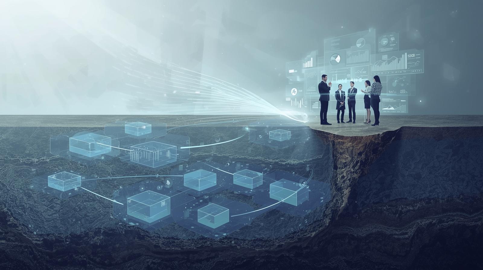 Business people analyze data above a digital network in a chasm.